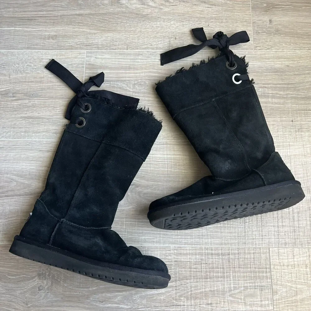 Koolaburra by UGG Andrah Tall Black Suede Fur Boots Womens Sz 6